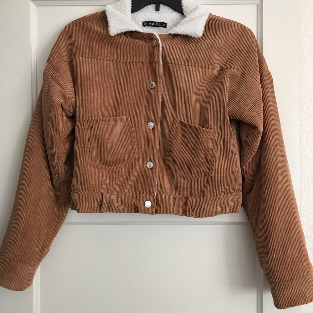 Fleece Lined Pocket Corduroy Jacket - Caramel